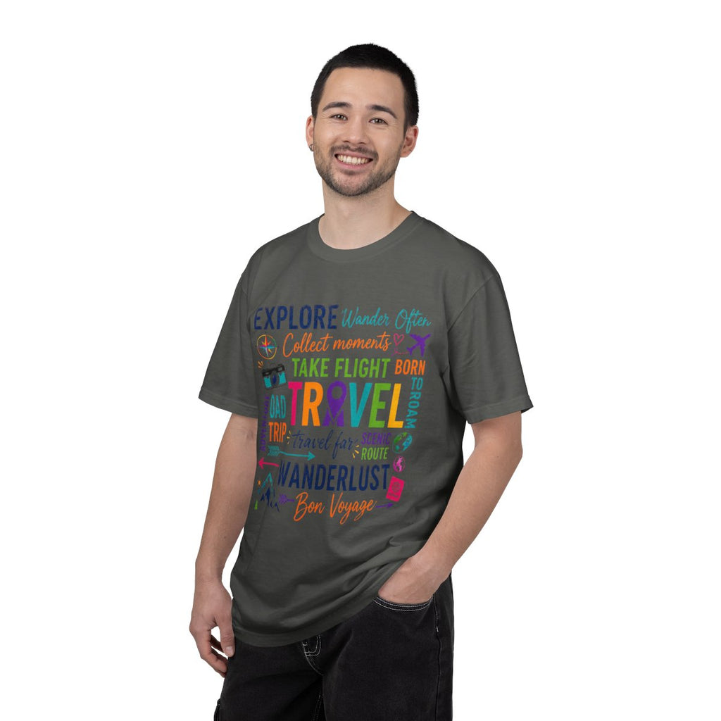 Travel T-Shirt Square– Explore Wanderlust Adventure & Bon Voyage Graphic Tee Travell, Typography Stack