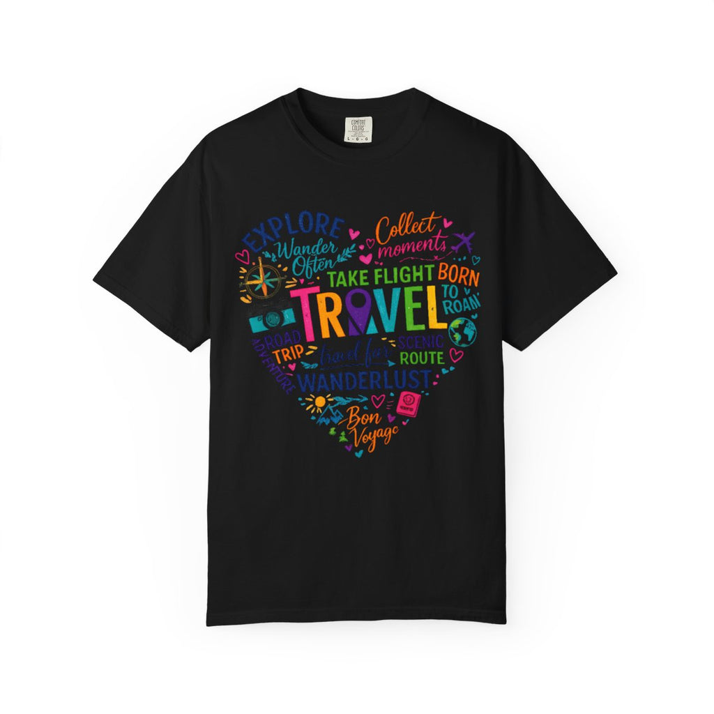A black short-sleeve crewneck t-shirt featuring a colorful heart-shaped graphic on the chest with travel-themed text and doodles, displayed against a plain white background.