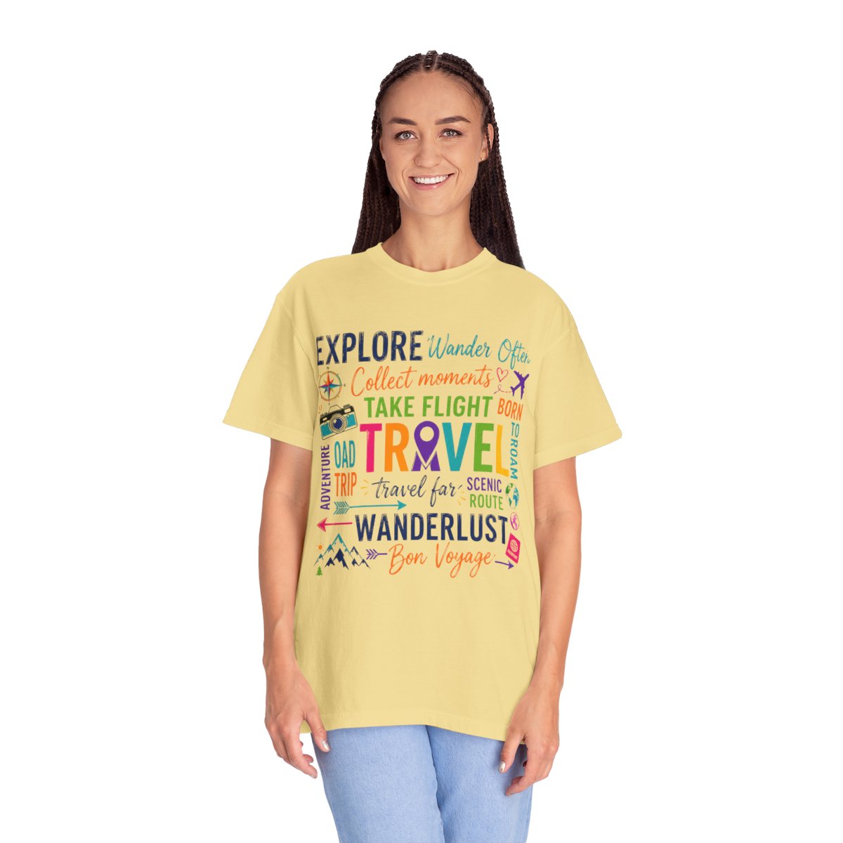 Travel T-Shirt Square– Explore Wanderlust Adventure & Bon Voyage Graphic Tee Travell, Typography Stack