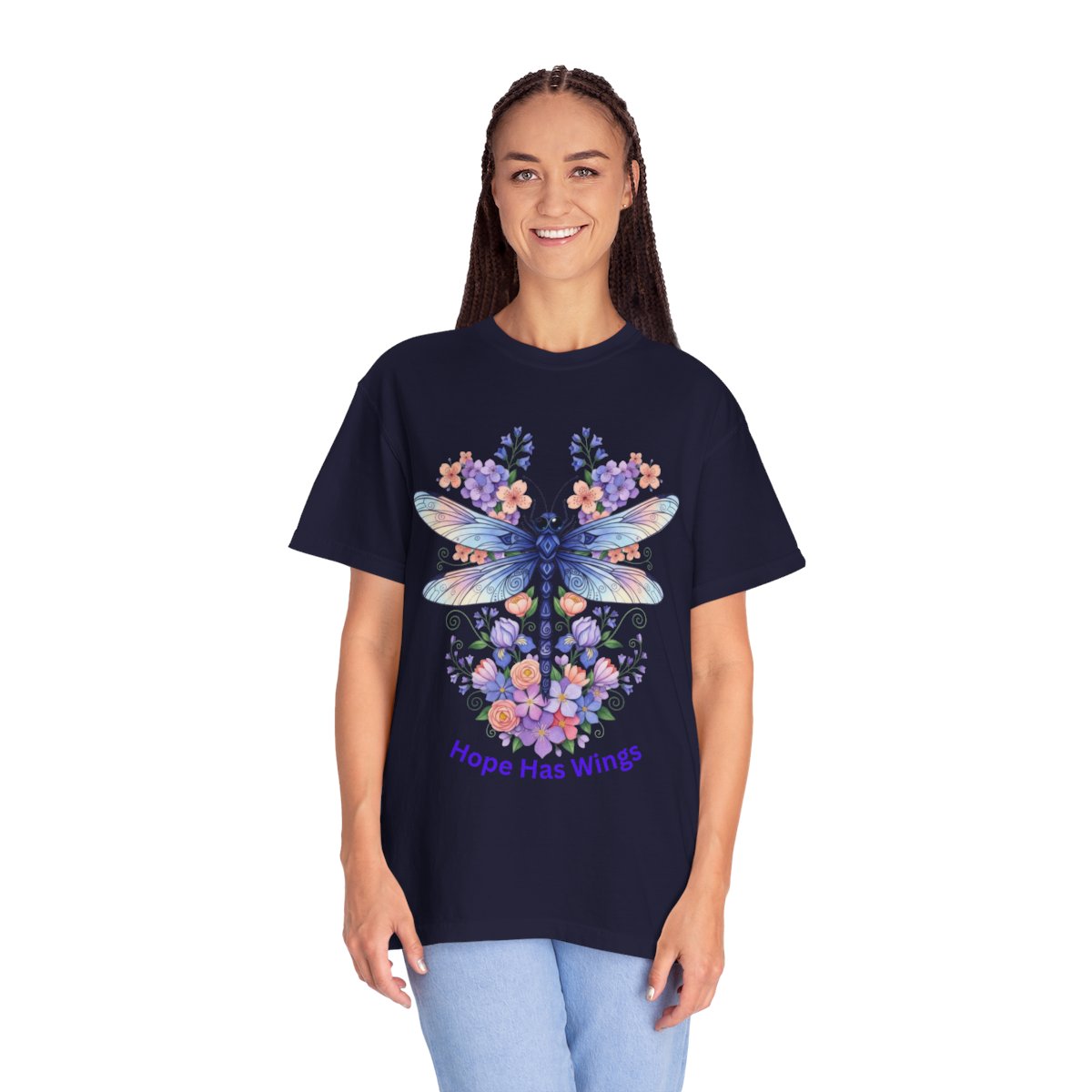 A woman modeling a navy blue t-shirt with a white graphic print of the Athens City of Athens seal, paired with light blue jeans, against a plain white background.