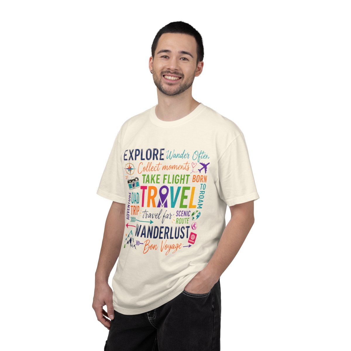 Travel T-Shirt Square– Explore Wanderlust Adventure & Bon Voyage Graphic Tee Travell, Typography Stack