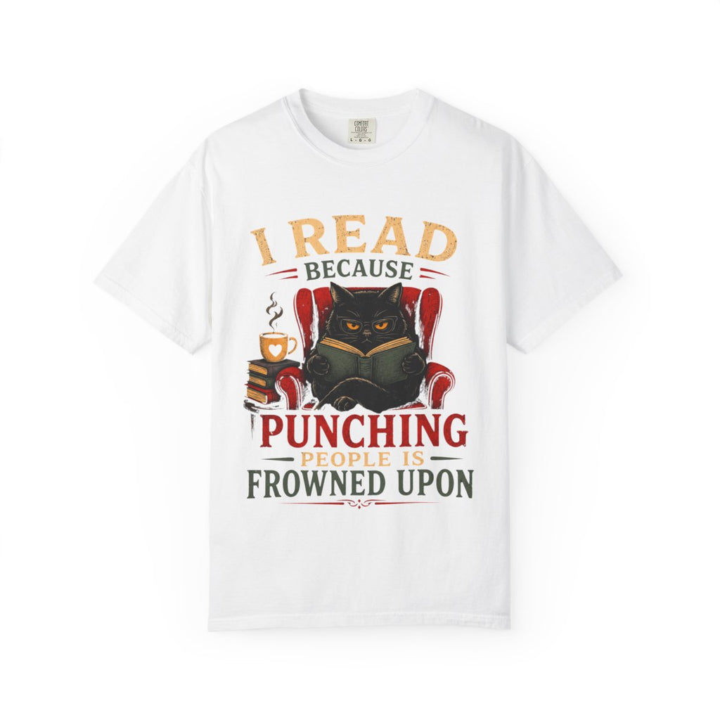 Funny Book Lover T-Shirt, “I Read Because Punching People Is Frowned Upon” Black Cat Tee