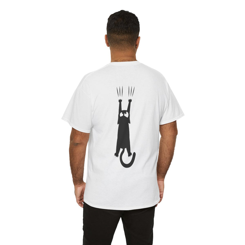 Person wearing a white t-shirt with a black graphic on the back, standing against a white background