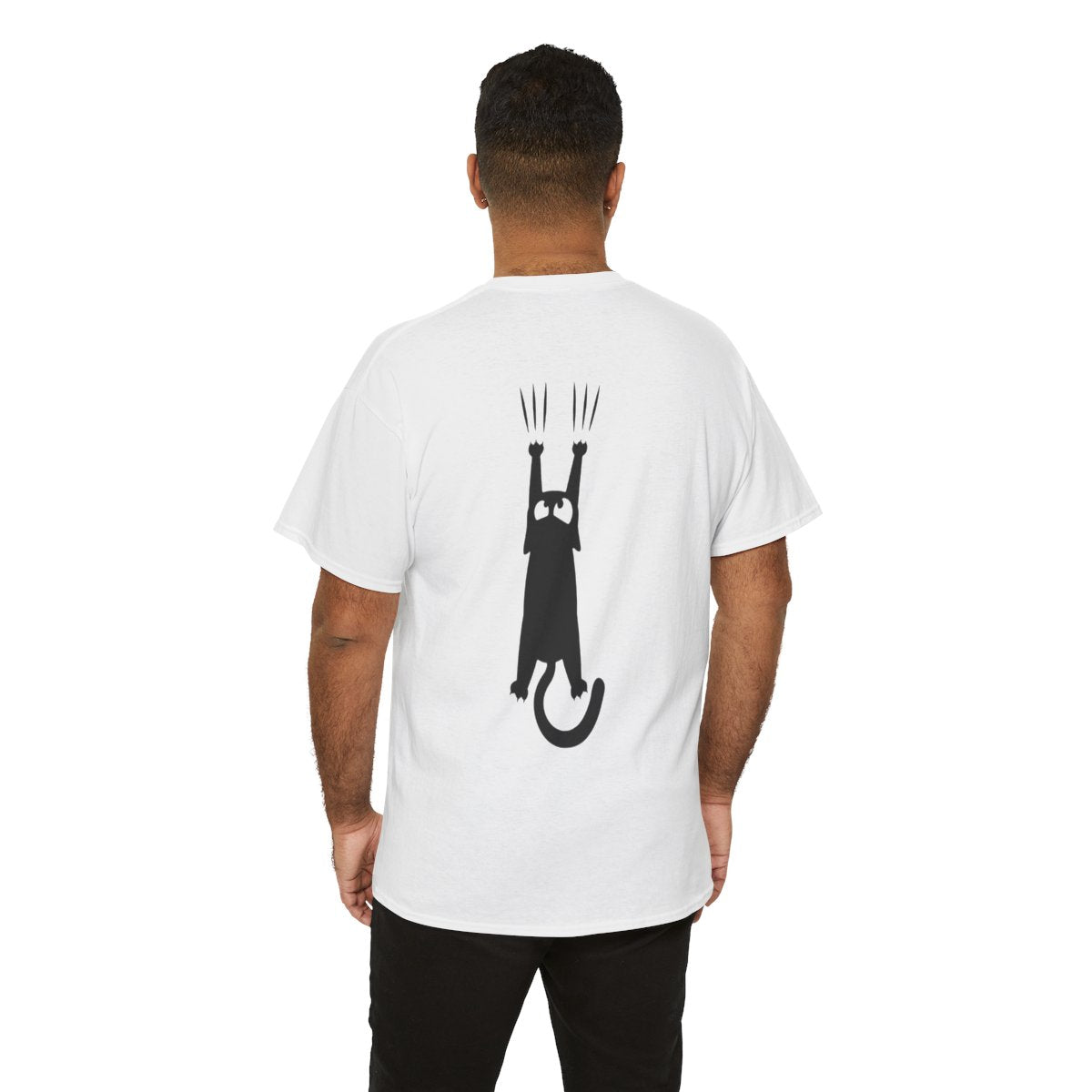 Person wearing a white t-shirt with a black graphic on the back, standing against a white background