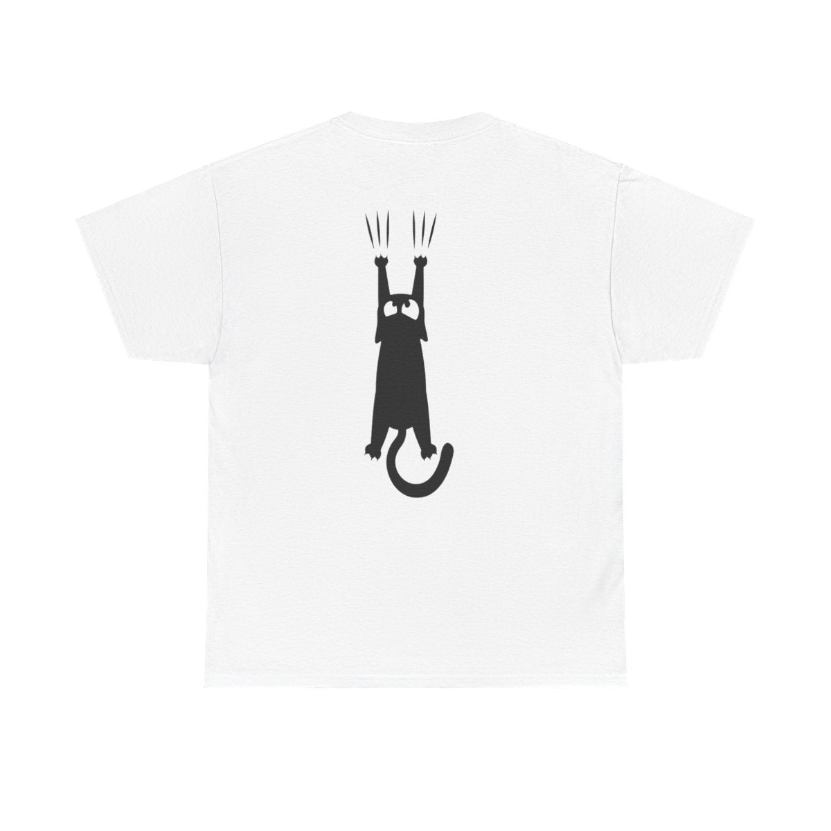 White t-shirt with a black graphic of a cat on a white background