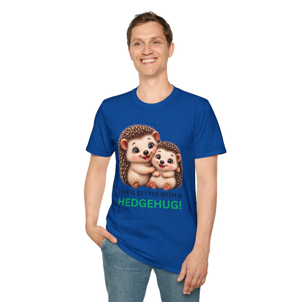A man wearing a royal blue t-shirt with a graphic of two cute hedgehogs hugging and the text 'LIFE IS BETTER WITH A HEDGEHUG!' printed on the front, paired with blue jeans against a plain white background.