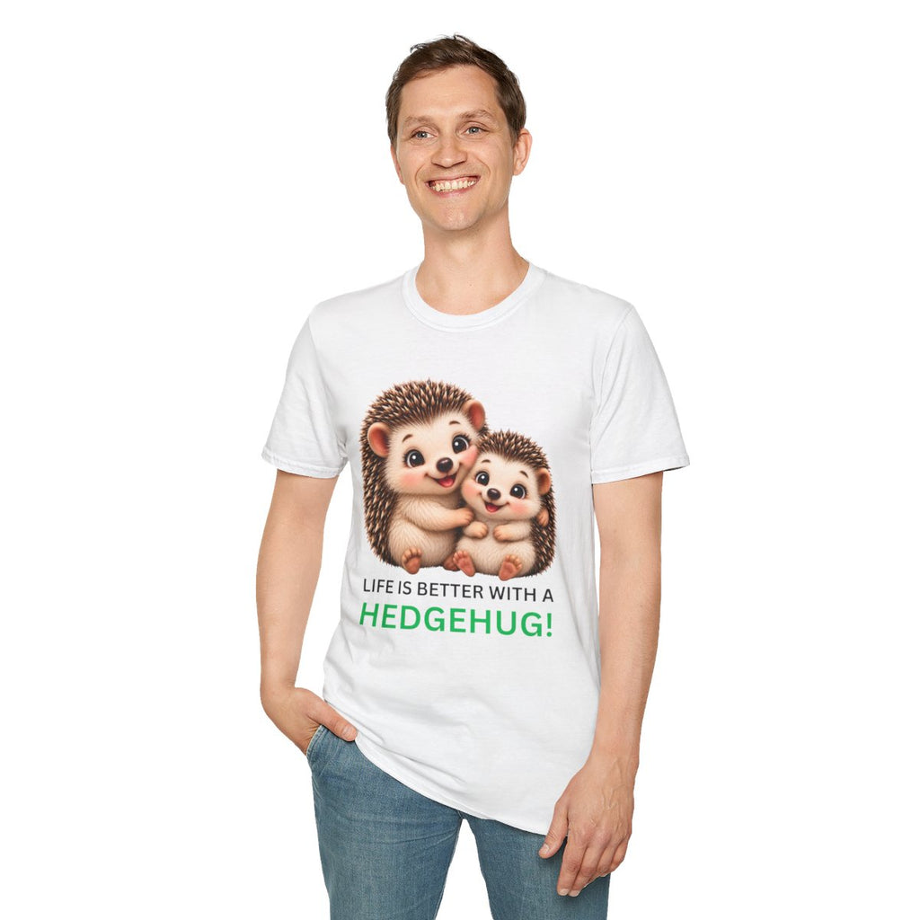 A man wearing a white graphic t-shirt with a cartoon hedgehog design and the text 'LIFE IS BETTER WITH A HEDGEHUG!' printed on the front, paired with blue jeans against a plain white background.