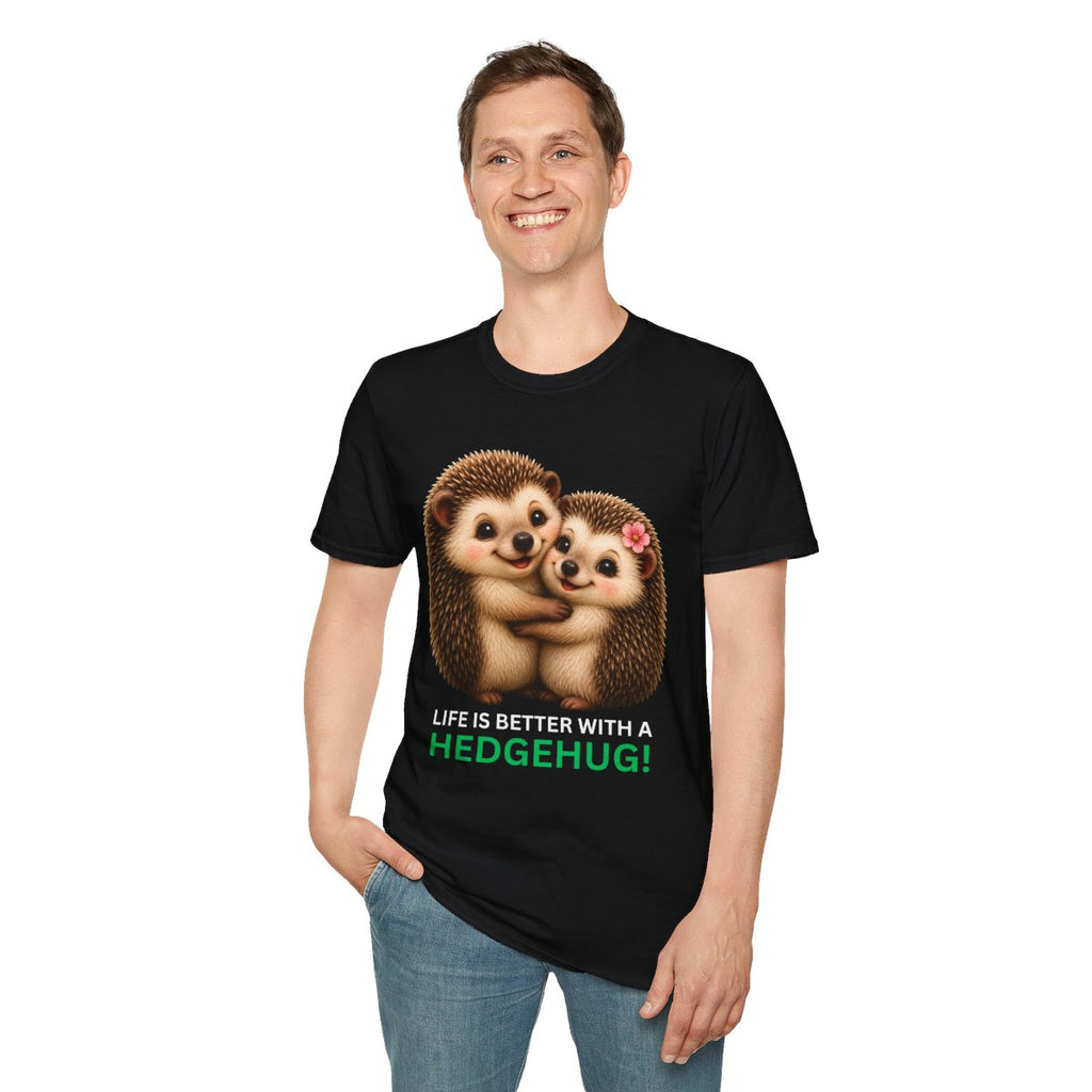 A man wearing a black short-sleeve graphic t-shirt with a cute hedgehog illustration and the text 'LIFE IS BETTER WITH A HEDGEHUG!'.