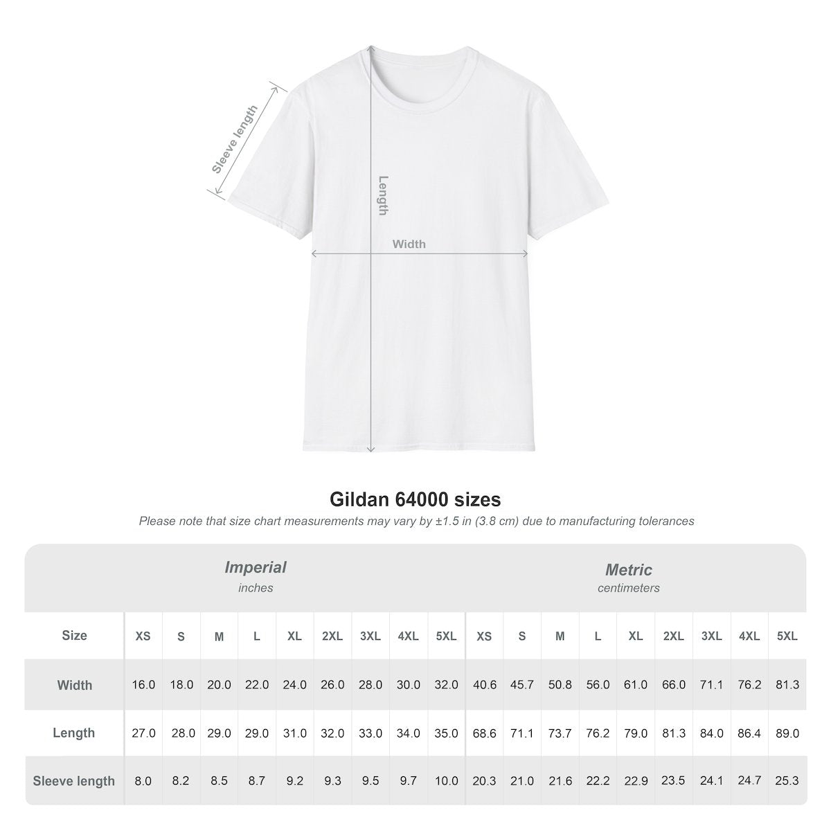 White t-shirt with size chart measurements on a white background