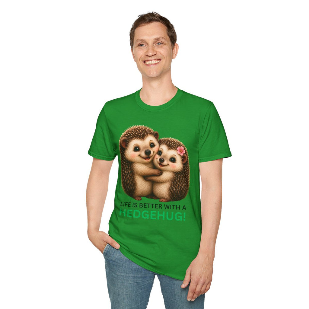 Man wearing a green t-shirt with a fishing graphic and text on a white background
