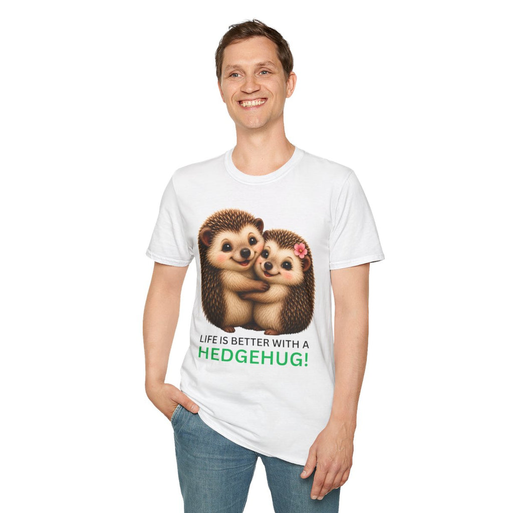 A man wearing a white graphic t-shirt with a cute illustration of two hugging hedgehogs and the text 'LIFE IS BETTER WITH A HEDGEHUG!'.