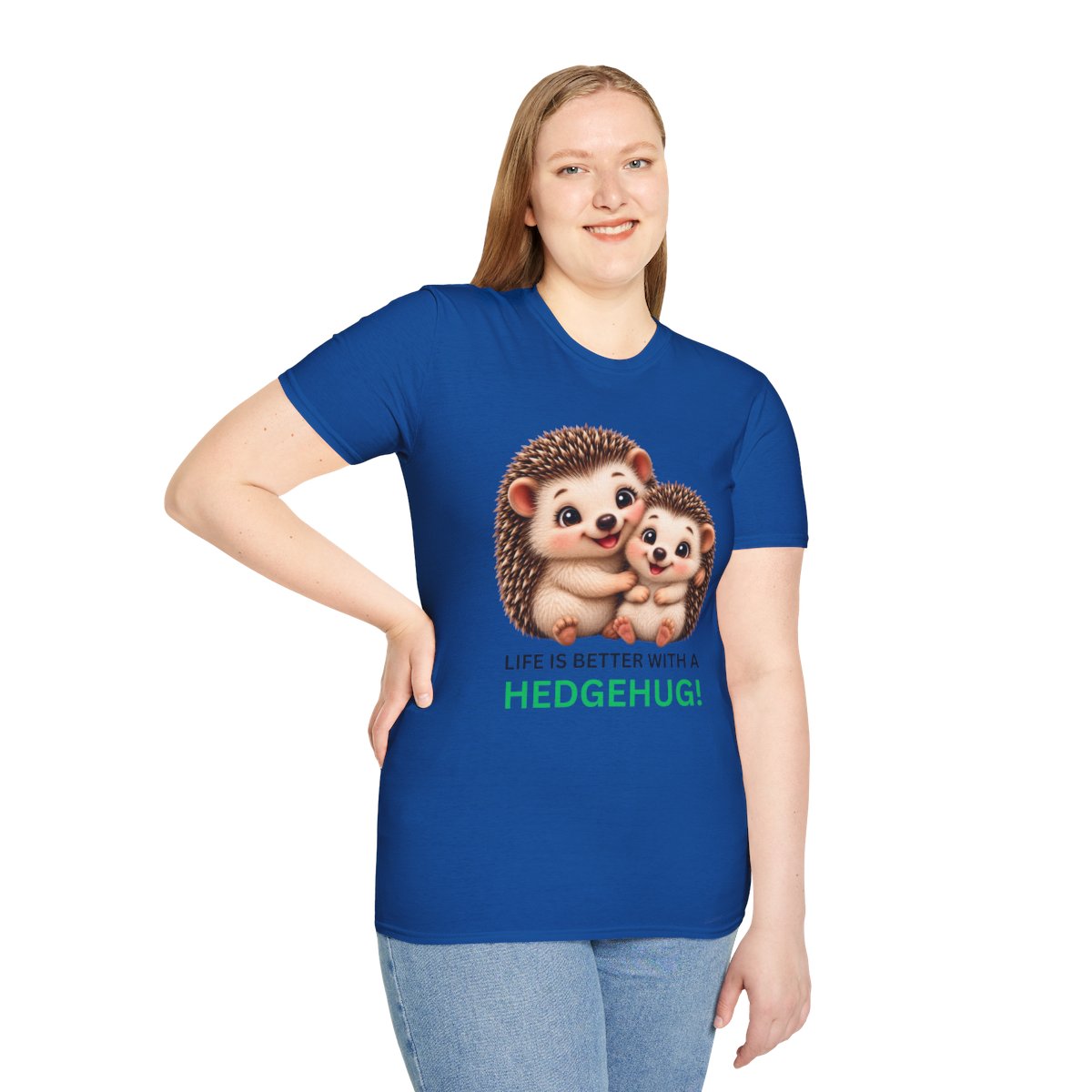 A woman modeling a royal blue short-sleeve t-shirt with a graphic of two hedgehogs and the text 'LIFE IS BETTER WITH HEDGEHUG!'.
