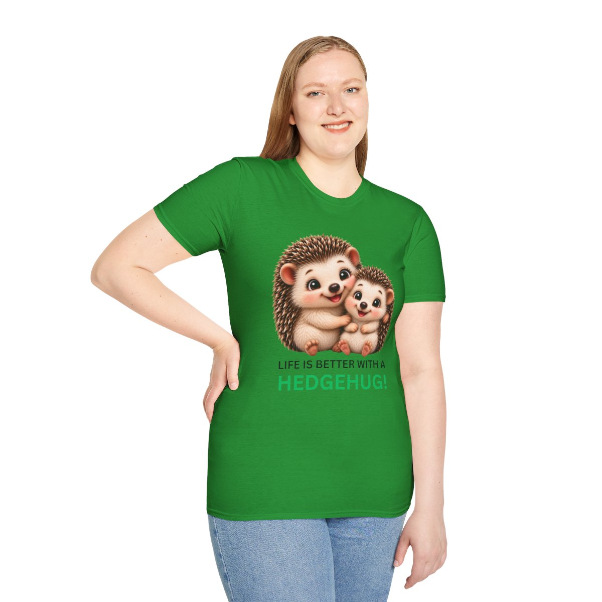 A woman modeling a bright green short-sleeve t-shirt with a graphic of two hedgehogs and the text 'LIFE IS BETTER WITH A HEDGEHUG!'.