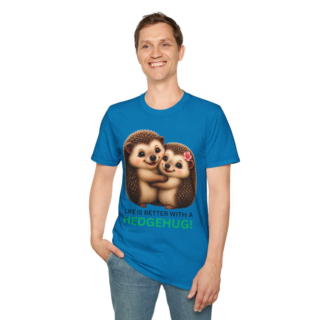 A man wearing a bright blue t-shirt with a graphic of two hugging hedgehogs and the text 'LIFE IS BETTER WITH A HEDGEHUG!'.