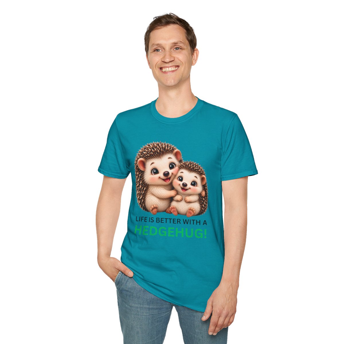A man wearing a teal t-shirt with a graphic of two hedgehugs and the text 'LIFE IS BETTER WITH A HEDGEHUG!' on a solid white background.