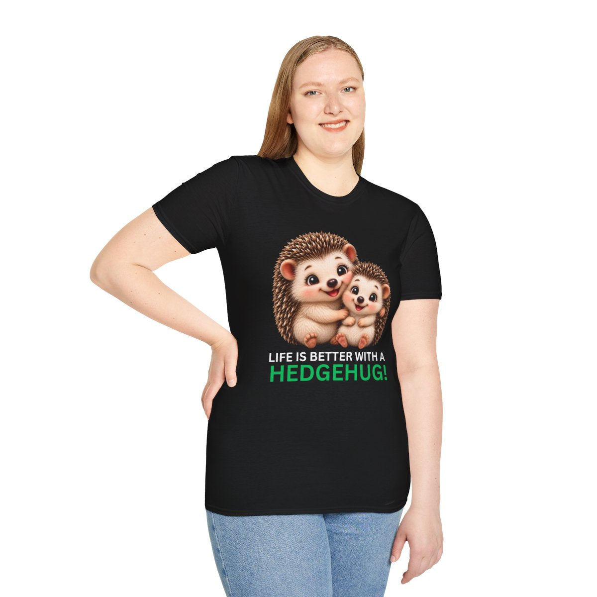 Person wearing a black t-shirt with a hiking club graphic design on a white background