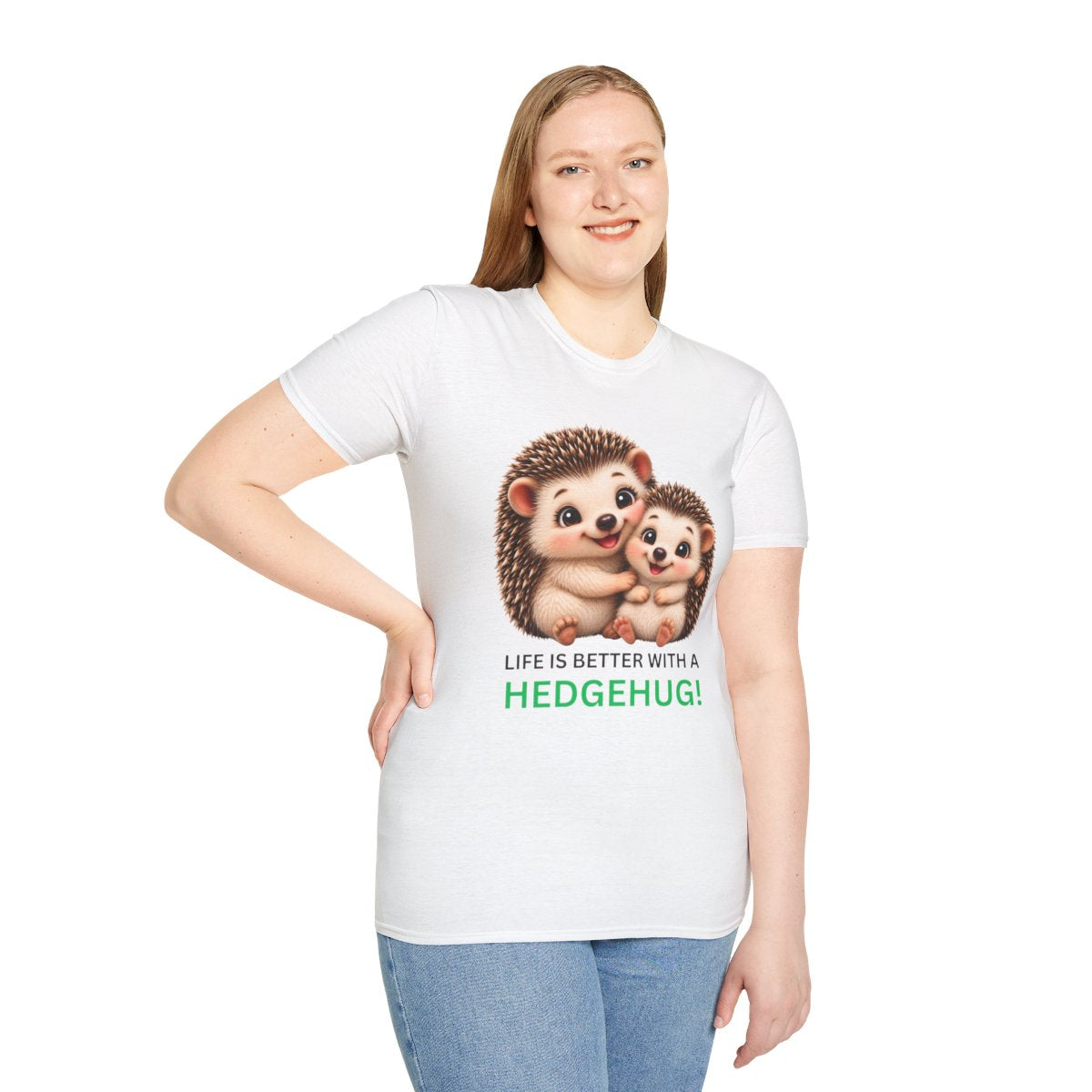 A woman modeling a white short-sleeve t-shirt with a graphic of two hedgehogs and the text 'LIFE IS BETTER WITH A HEDGEHUG!'.