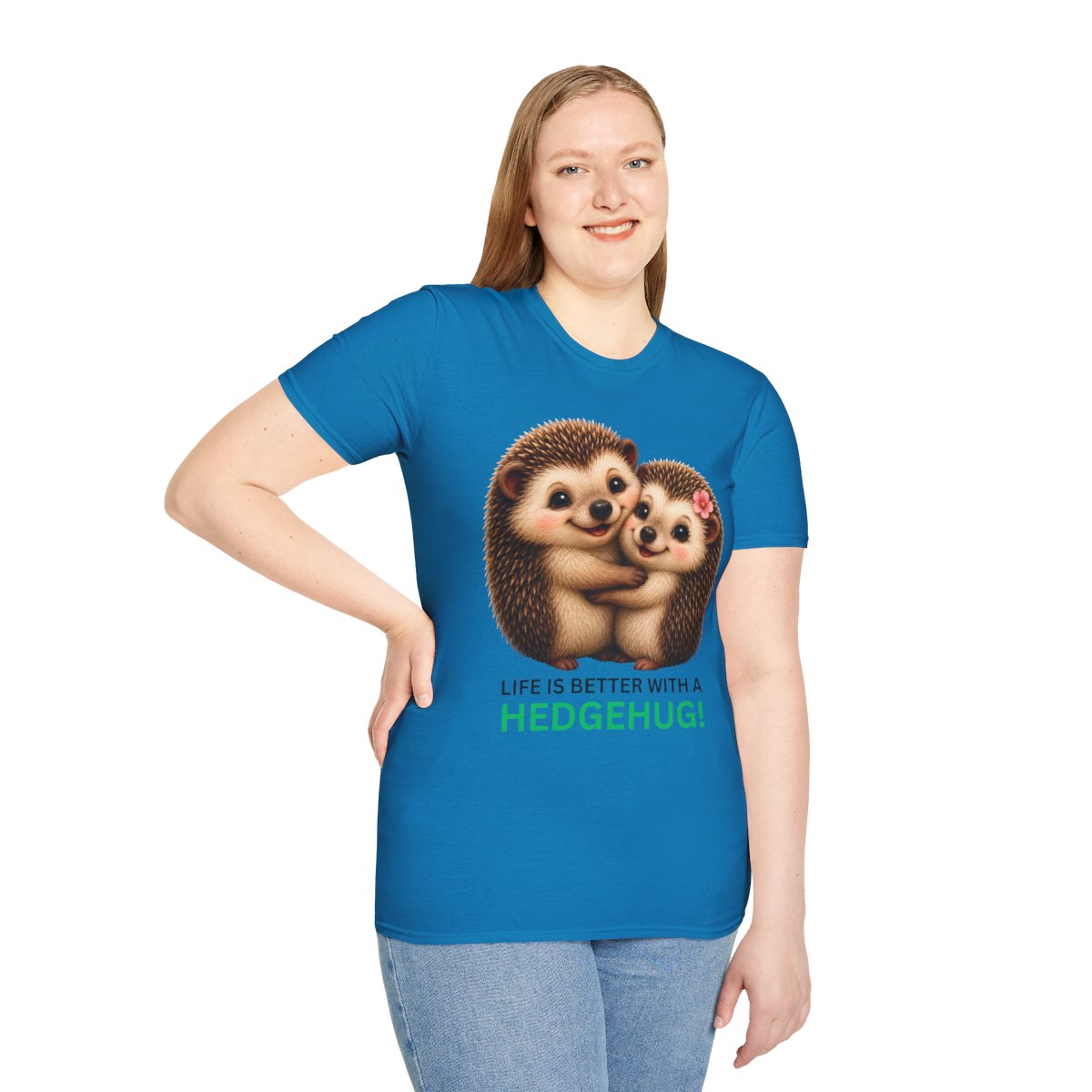 A woman modeling a bright blue short-sleeve t-shirt with a graphic of two hugging hedgehogs and the text 'LIFE IS BETTER WITH A HEDGEHUG!'.