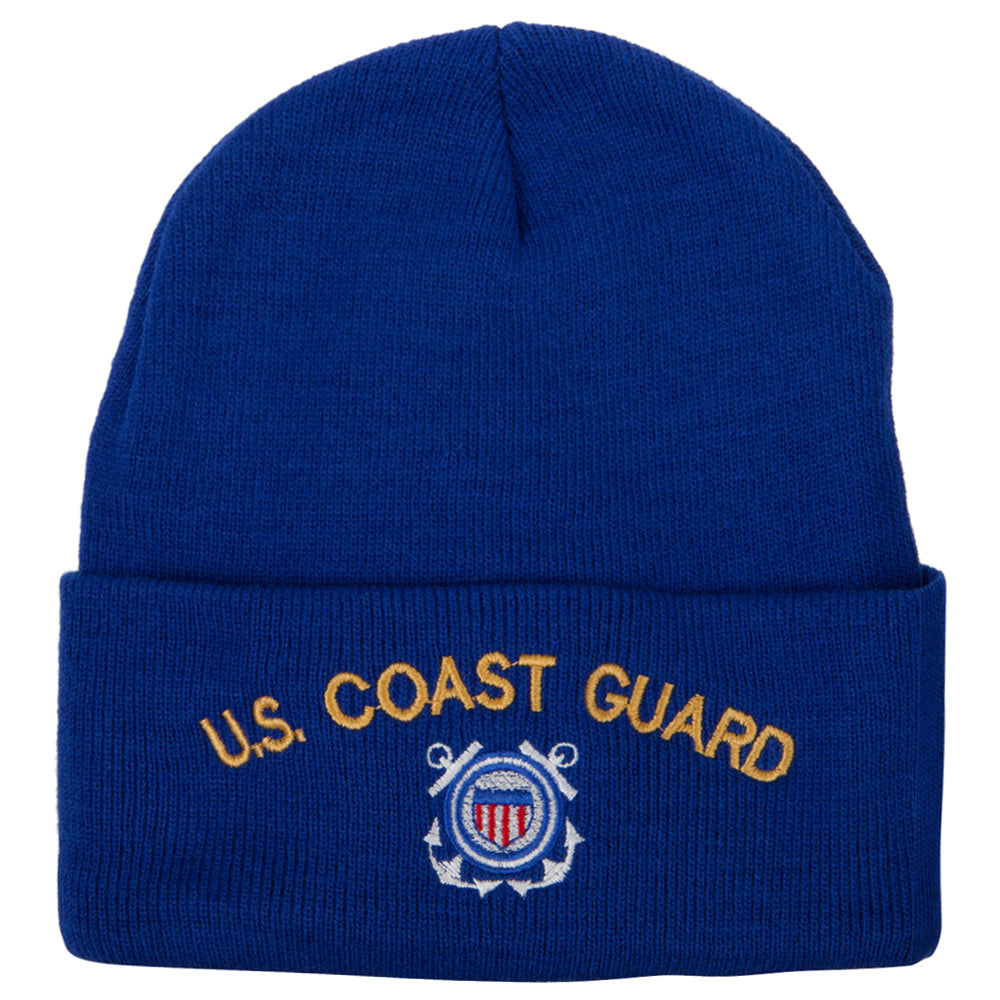 Blue beanie with U.S. Coast Guard emblem on a white background