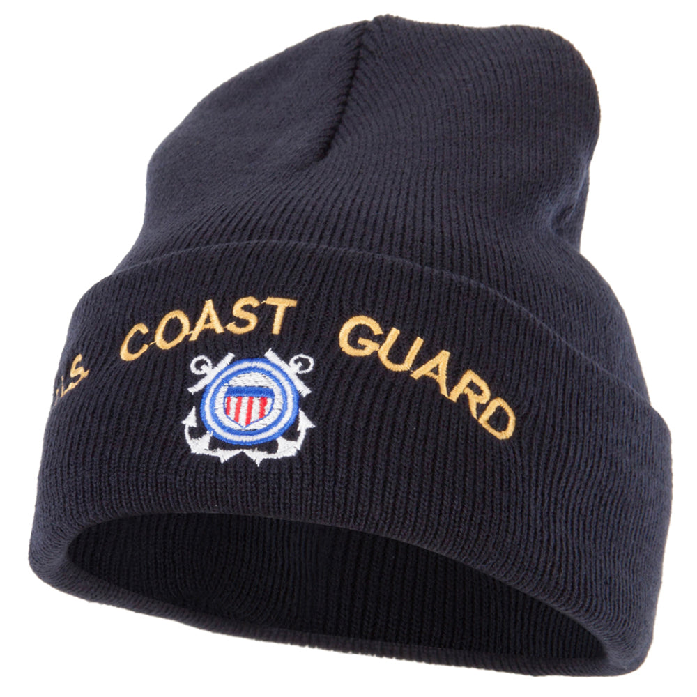 Navy blue beanie with 'Coast Guard' text and emblem on a white background