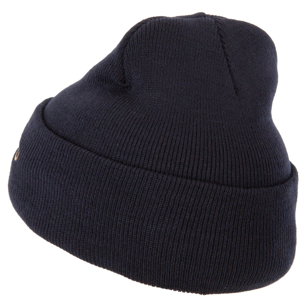 Black knit beanie on a white background