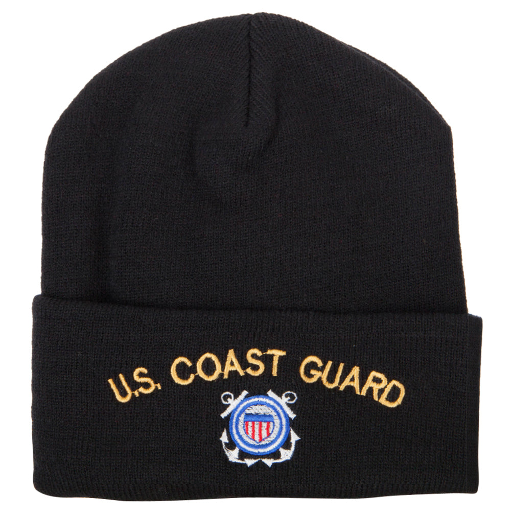 Black beanie with U.S. Coast Guard logo and text on a white background